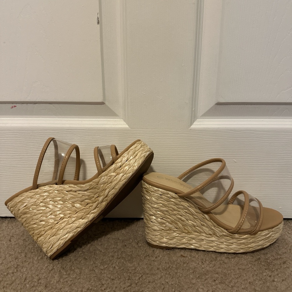 Beige Espadrille Wedge Sandals with Clear Straps